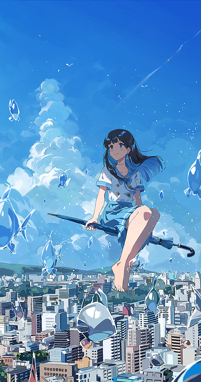 1girl, agas_(vpwt7475), bare_legs, barefoot, bird, black_hair, blue_bow, blue_eyes