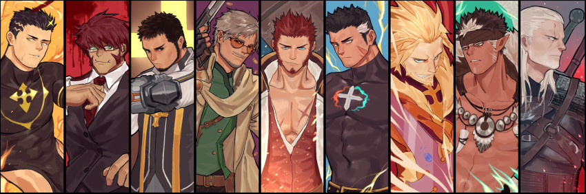 6+boys, absurdres, agent_(dungeon_and_fighter), baimeme, beard, black_hair, blonde_hair, blue_eyes