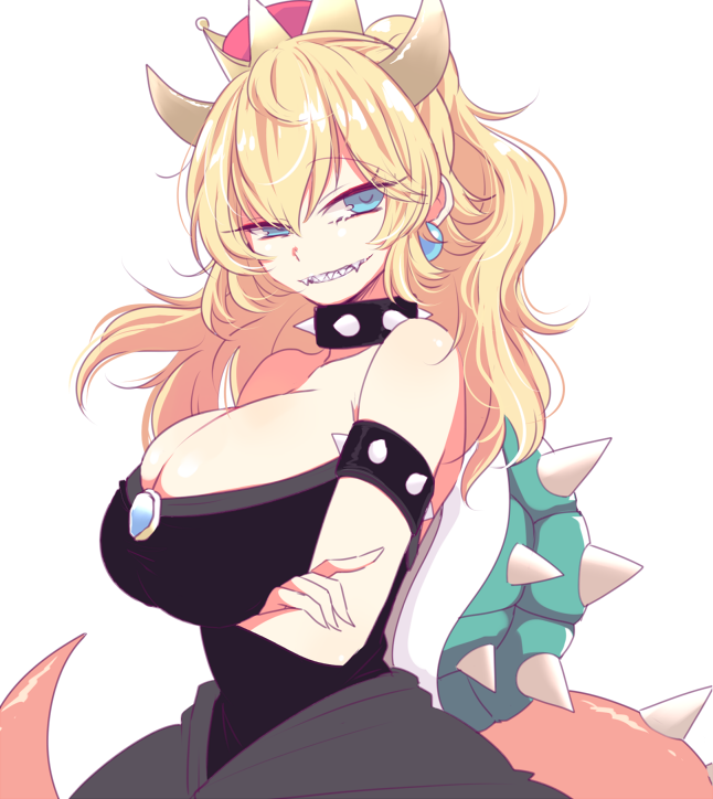 1girl, armlet, bianco_(mapolo), black_shirt, blonde_hair, blue_eyes, bowsette, bracelet, breasts, cleavage, collar, crossed_arms, earrings, hair_between_eyes, horns, huge_breasts, jewelry, long_hair, looking_at_viewer, mario_(series), new_super_mario_bros._u_deluxe, nintendo, sharp_teeth, shirt, simple_background, solo, spiked_armlet, spiked_bracelet, spiked_collar, spiked_shell, spiked_tail, spikes, super_crown, tail, teeth, upper_body, white_background