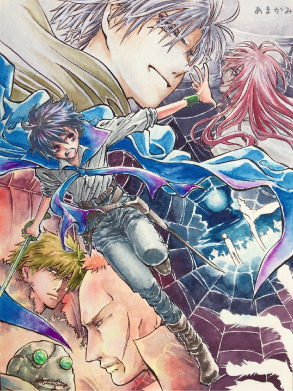 6+boys, black_hair, blonde_hair, boots, character_request, coat, darren_shan, harkat_mulds, highres, holding, holding_sword, holding_weapon, larten_crepsley, long_hair, male_focus, multiple_boys, necktie, painting_(medium), red_eyes, red_hair, scar, short_hair, silk, spider_web, steve_leonard, stitched_face, stitches, sword, the_saga_of_darren_shan, traditional_media, vampire, watercolor_(medium), weapon, white_hair