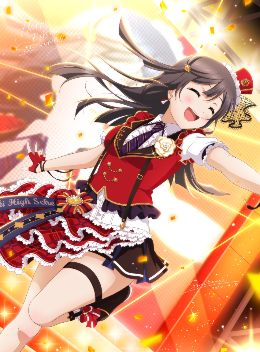 1girl, breasts, chase_(love_live!), corsage, dress, happy, hat, highres