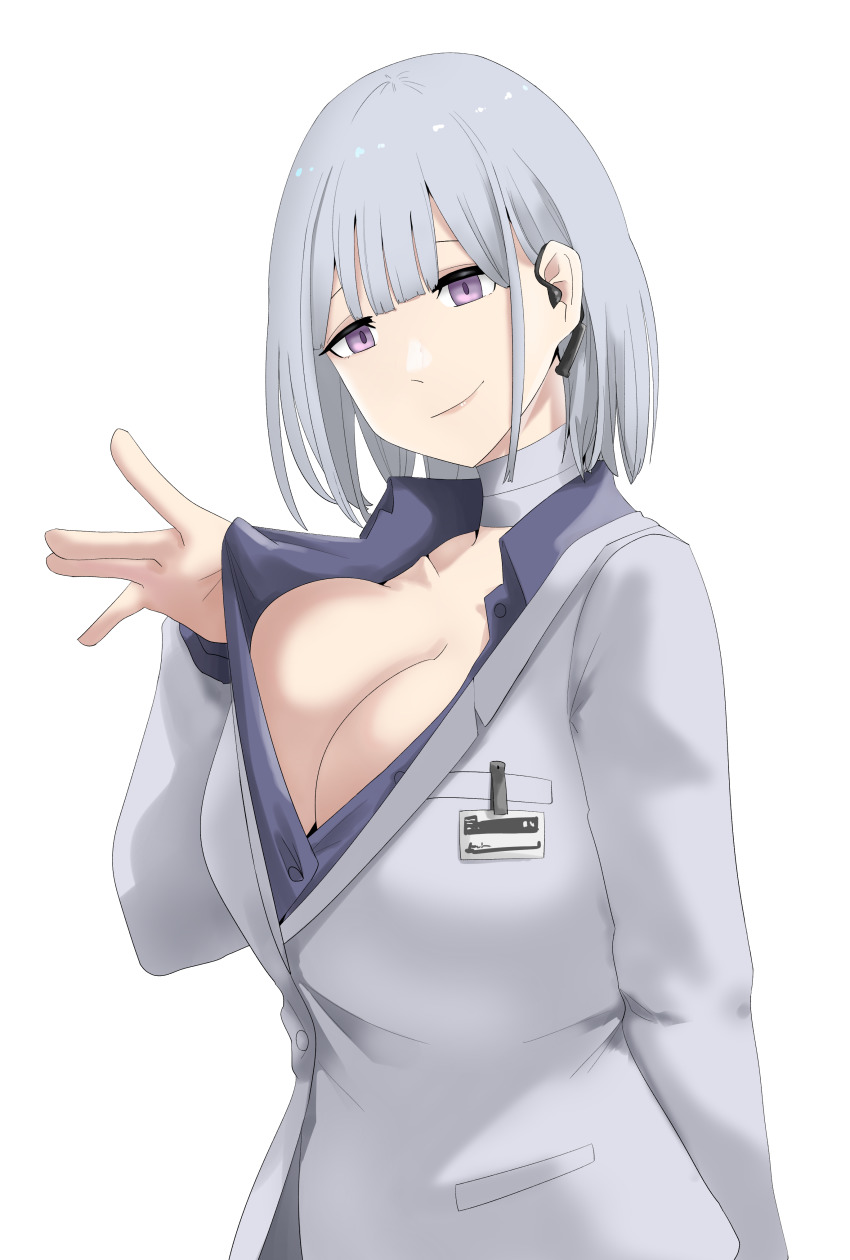 1girl, absurdres, bad_id, bad_pixiv_id, bandaged_neck, bandages, blue_shirt, blunt_bangs, breasts, cleavage, closed_mouth, clothes_pull, collared_shirt, dress_shirt, earpiece, formal_clothes, girls'_frontline, grey_blazer, grey_suit, highres, id_card, large_breasts, natawaru, open_clothes, open_shirt, purple_eyes, rpk-16_(girls'_frontline), rpk-16_(renate)_(girls'_frontline), shirt, shirt_pull, short_hair, silver_hair, smile, suit, upper_body, white_background