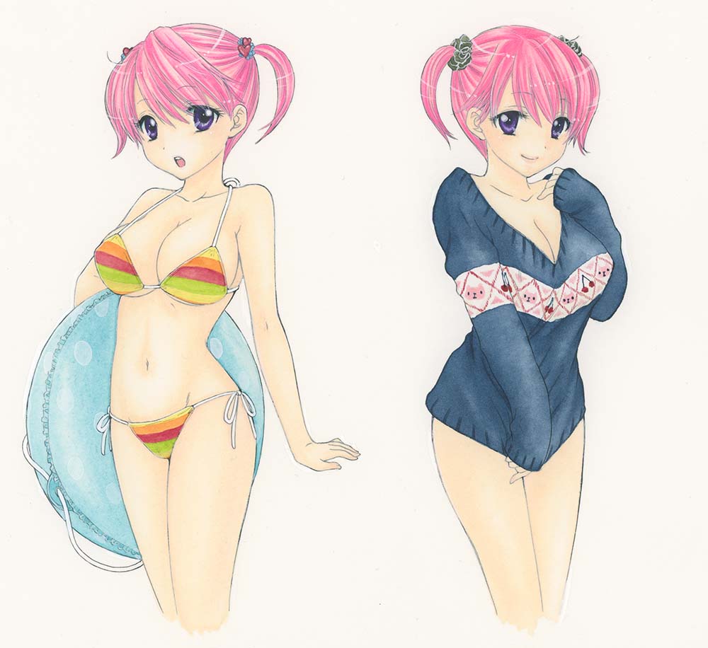 2girls, animal_print, bikini, black_sweater, blush, breasts, cat_print, cherry_print