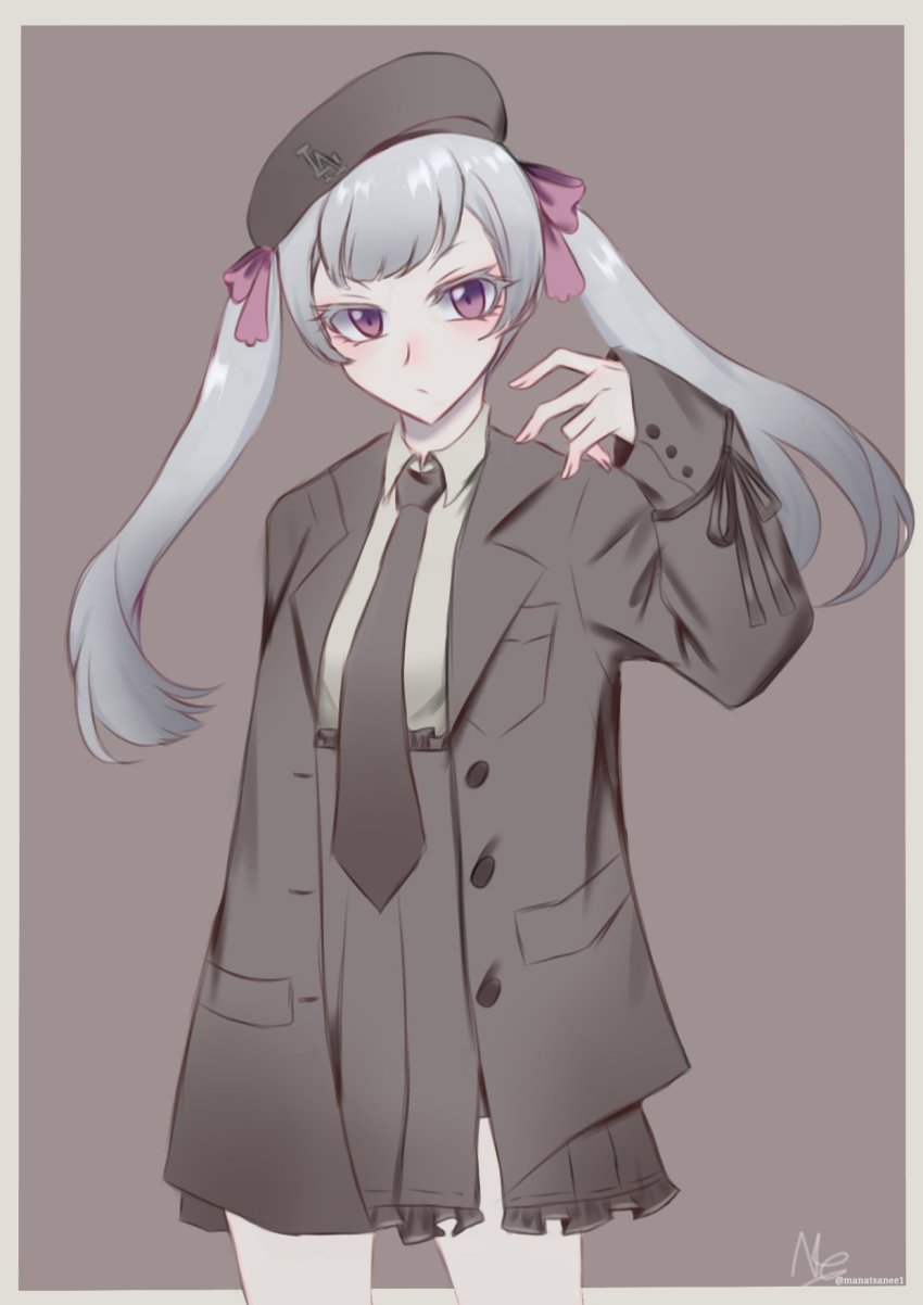 1girl, black_clover, formal_clothes, grey_skirt, hair_ribbon, hand_raised, hat, highres, l.a., long_coat, long_hair, long_skirt, looking_at_viewer, manatsanee1, noelle_silva, purple_eyes, silver_hair, skirt, suit, thighs, twintails