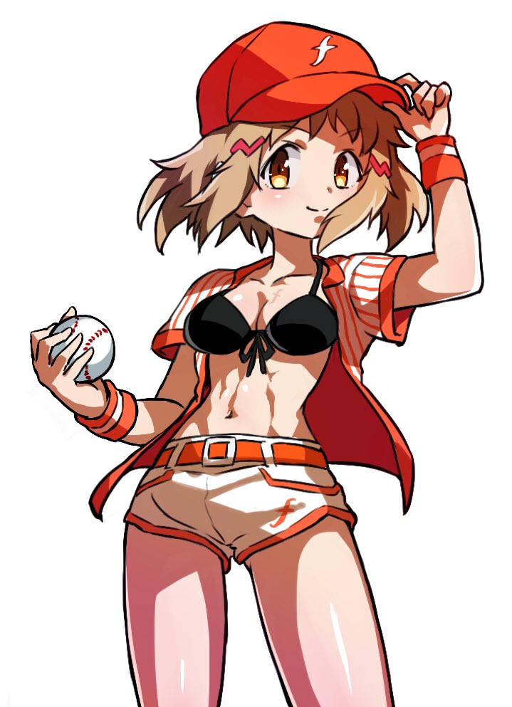 1girl, abs, adjusting_clothes, adjusting_headwear, ball, baseball, baseball_(object), baseball_cap