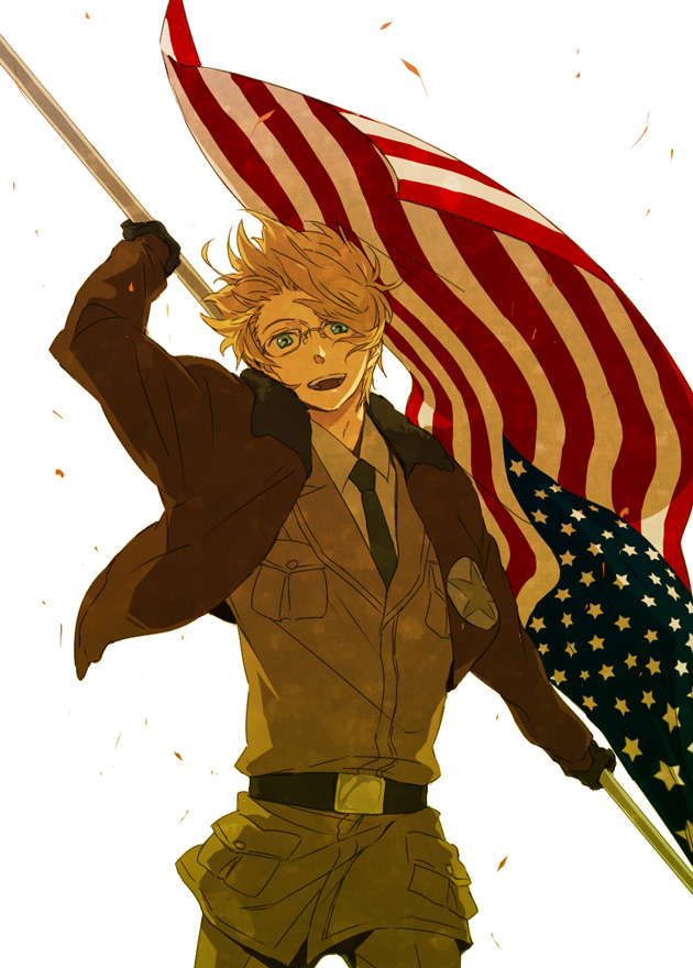 00s, 1boy, america_(hetalia), american_flag, axis_powers_hetalia, bad_id, bad_pixiv_id, belt, blonde_hair, blue_eyes, bomber_jacket, flag, glasses, gloves, happy, jacket, kurosuke_(nora), male_focus, military, military_uniform, necktie, smile, solo, united_states, wind