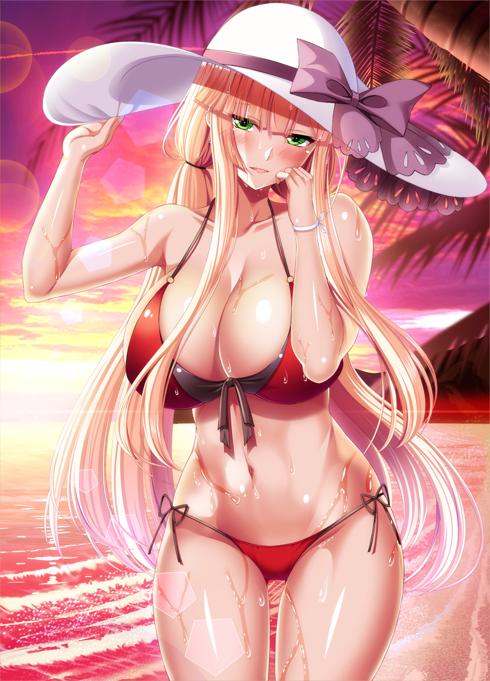 1girl, :d, bare_shoulders, beach, bikini, blonde_hair, blue_oath, blush