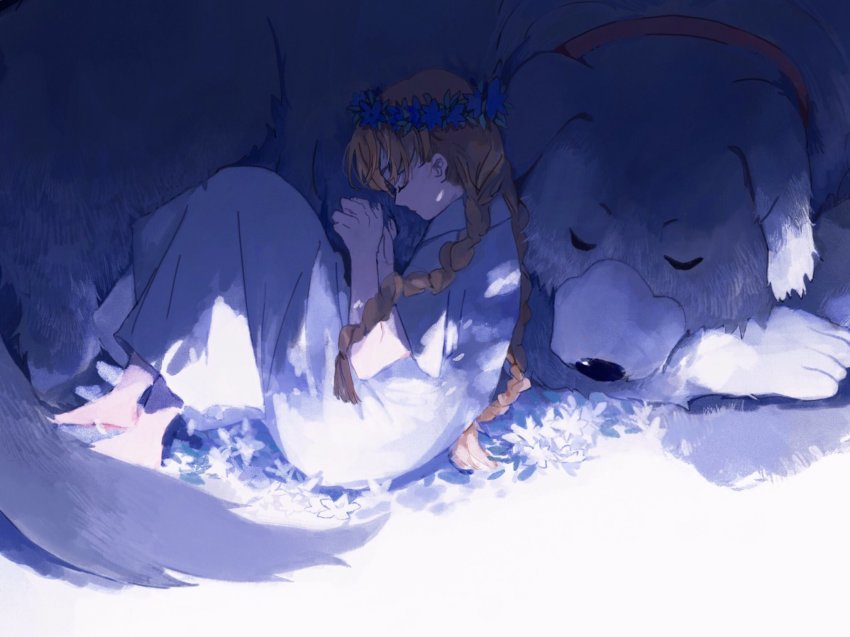 1girl, alexander_(fma), animal, barefoot, blue_flower, braid, brown_hair, closed_mouth