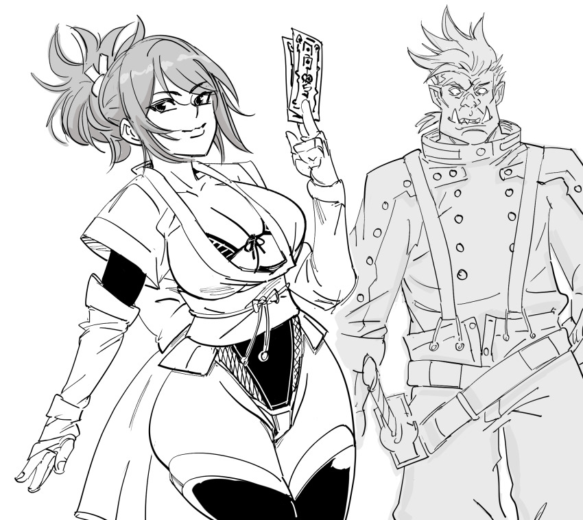 1boy, 1girl, bad_id, bb_(baalbuddy), breasts, buttons, character_request, cleavage, closed_mouth, commentary, cosplay, cowboy_shot, double-breasted, english_commentary, fujibayashi_sheena, greyscale, hand_up, highres, holding, inactive_account, large_breasts, leotard, lloyd_irving_(cosplay), looking_at_viewer, monochrome, ofuda, orc, ponytail, simple_background, smile, taimanin_(series), taimanin_asagi, taimanin_suit, tales_of_(series), tales_of_symphonia, thighhighs, tusks, white_background