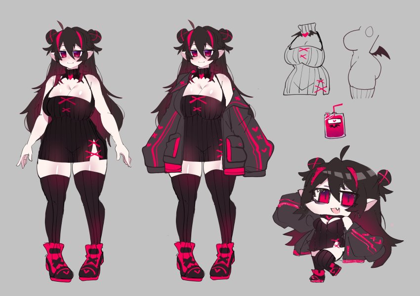 1girl, absurdres, black_coat, black_dress, black_thighhighs, blood, breasts, reference_sheet