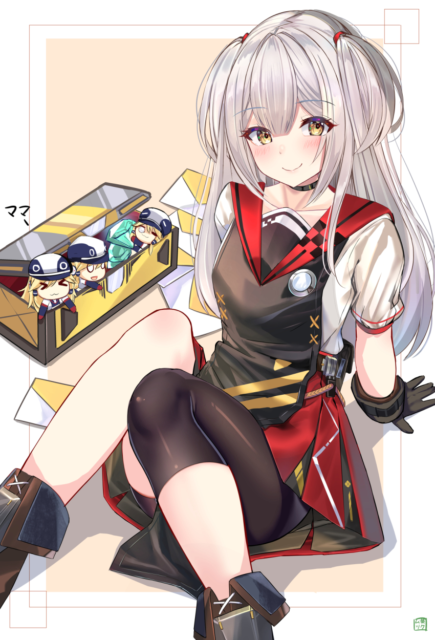 >_<, 2girls, asahi_(blue_oath), asymmetrical_shorts, bike_shorts, black_gloves, blonde_hair, blue_oath