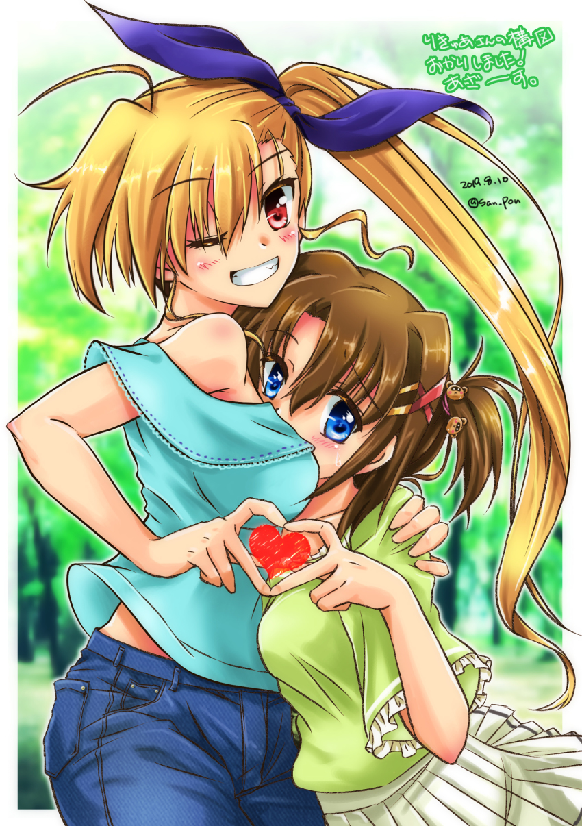 2girls, absurdres, age_difference, blonde_hair, blue_eyes, breasts, brown_hair, couple