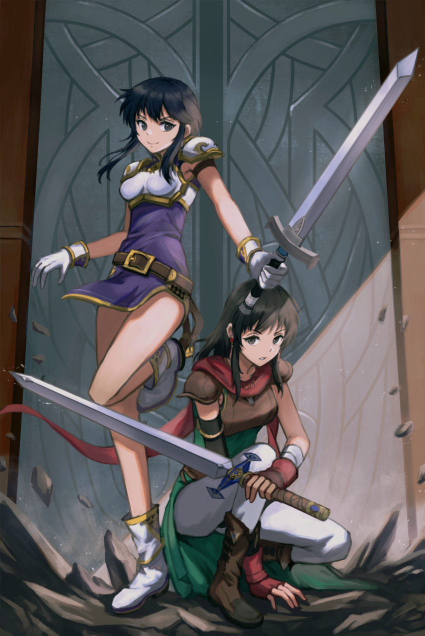 2girls, armor, belt, black_hair, boots, breastplate, dress, earrings, fingerless_gloves, fire_emblem, fire_emblem:_genealogy_of_the_holy_war, fire_emblem:_thracia_776, fire_emblem_heroes, gloves, highres, holding, holding_sword, holding_weapon, imageprogram_(kent), jewelry, kneeling, larcei_(fire_emblem), mareeta_(fire_emblem), medium_hair, multiple_girls, nintendo, scarf, short_hair, standing, standing_on_one_leg, sword, thighs, weapon
