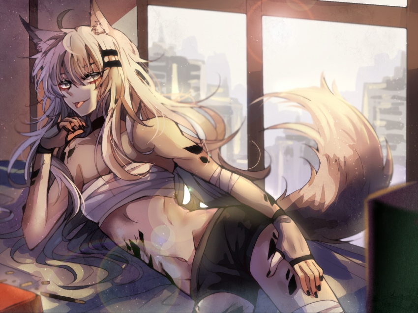1girl, animal_ear_fluff, animal_ears, arknights, bandaged_arm, bandages, bare_shoulders, breasts