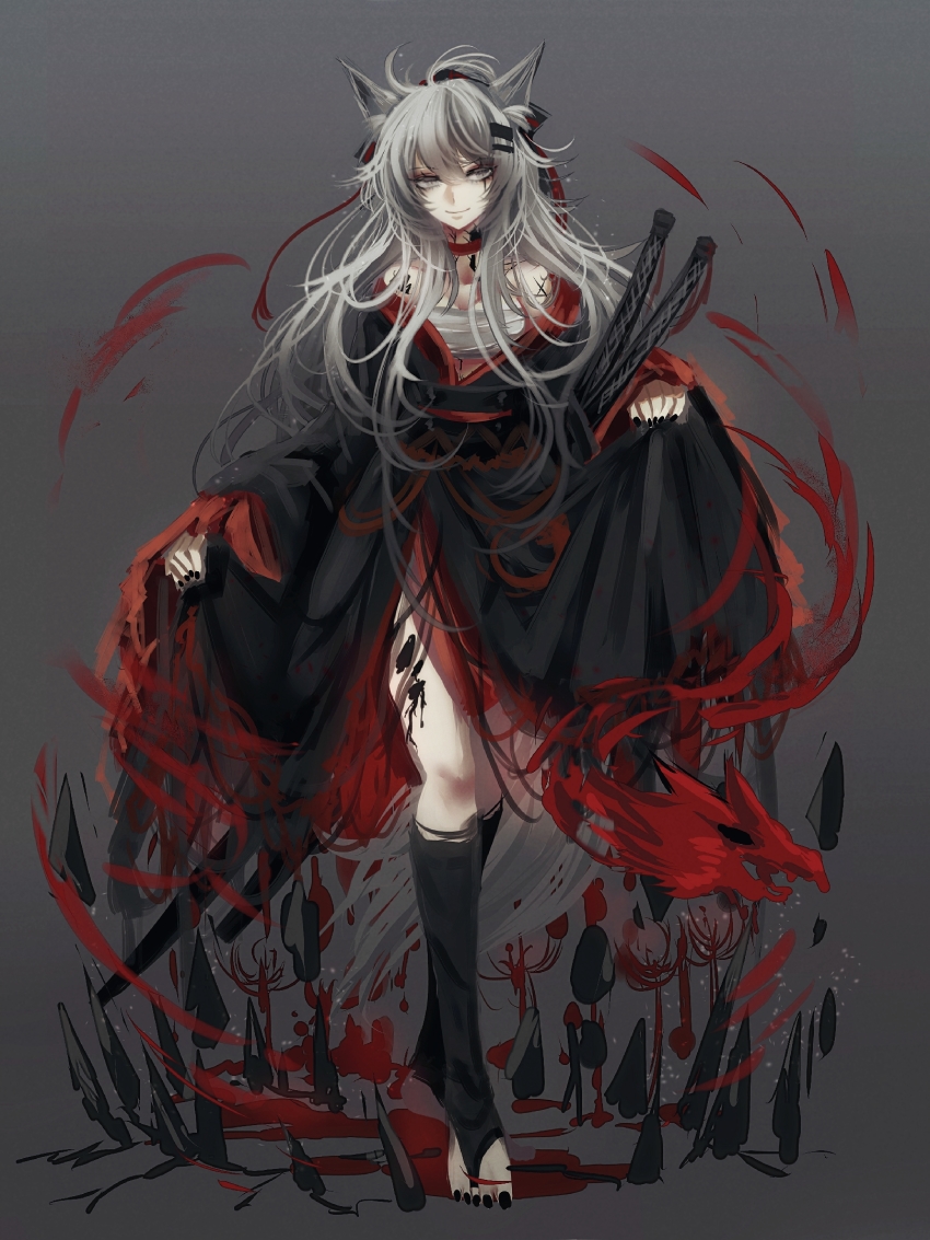 1girl, alternate_costume, animal_ears, arknights, black_legwear, black_nails, blood, choker, facial_mark, full_body, gradient_background, grey_background, grey_eyes, hair_ornament, hair_ribbon, hairclip, highres, lappland_(arknights), long_hair, long_sleeves, looking_at_viewer, material_growth, messy_hair, nail_polish, nga_(ray_ray), originium_(arknights), oripathy_lesion_(arknights), red_choker, ribbon, sarashi, silver_hair, sleeves_past_wrists, slit_pupils, smile, solo, standing, sword, tail, weapon, wolf_ears, wolf_girl, wolf_tail