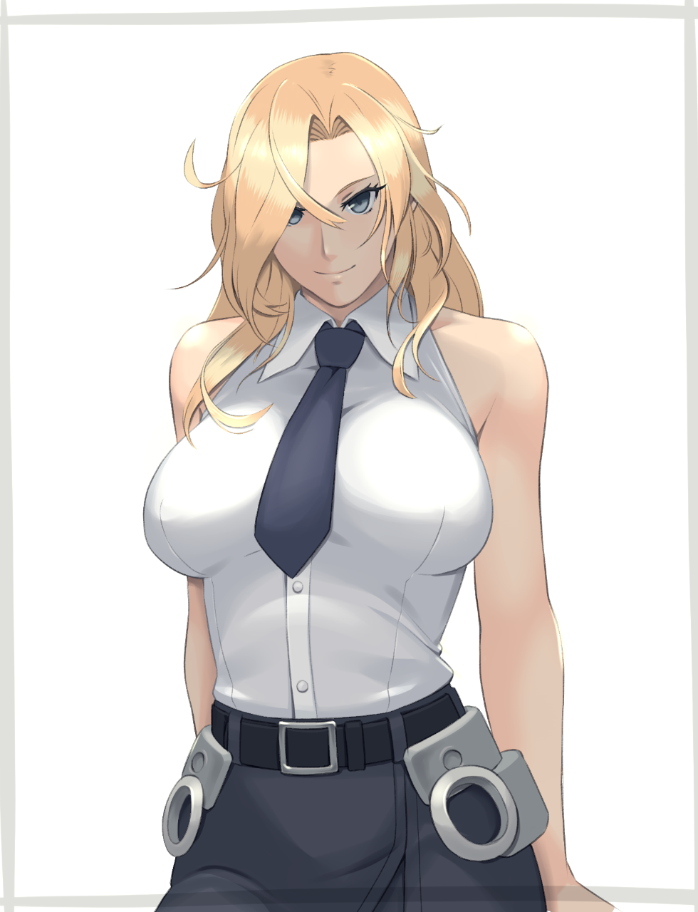 1girl, bare_shoulders, belt_buckle, black_necktie, blonde_hair, blue_eyes, breasts, buckle