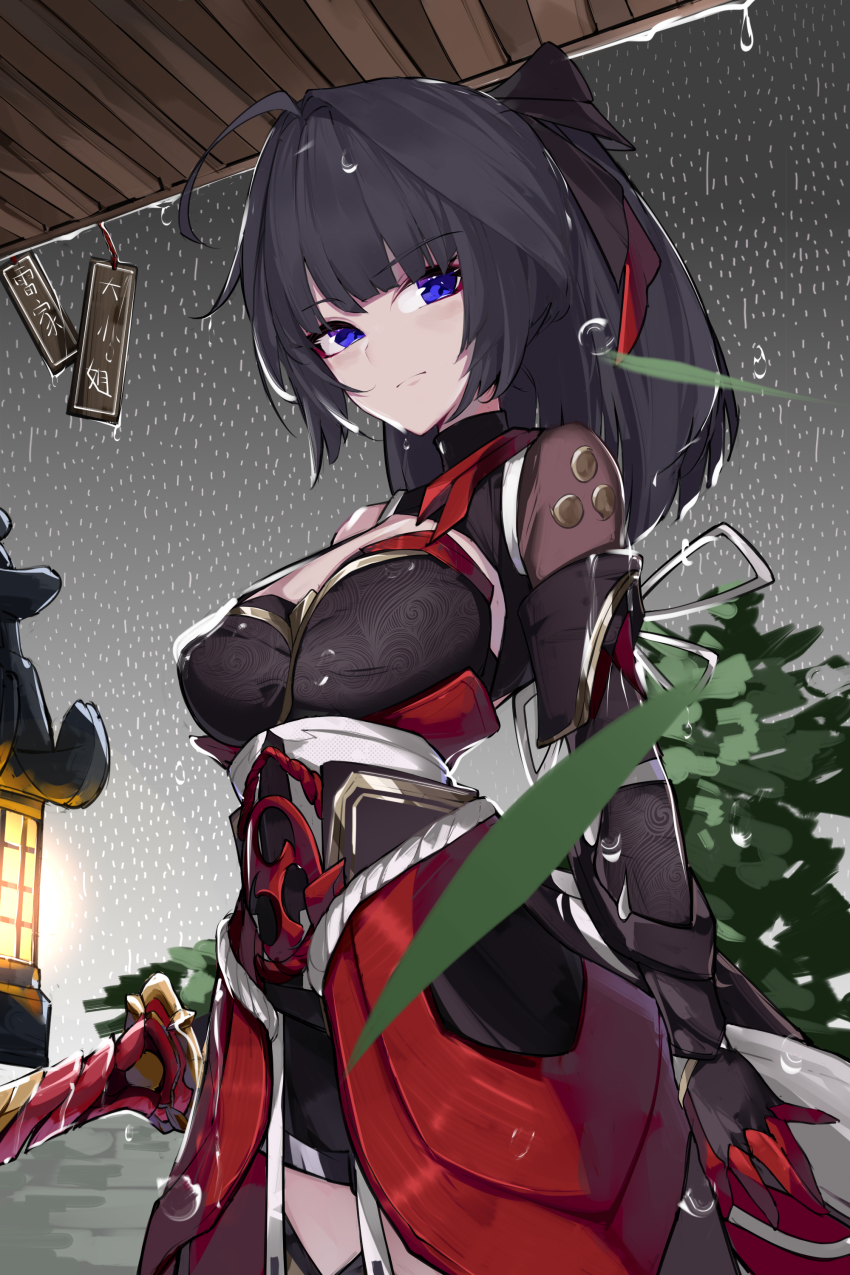 1girl, absurdres, ahoge, armor, black_hair, blue_eyes, commentary, cowboy_shot