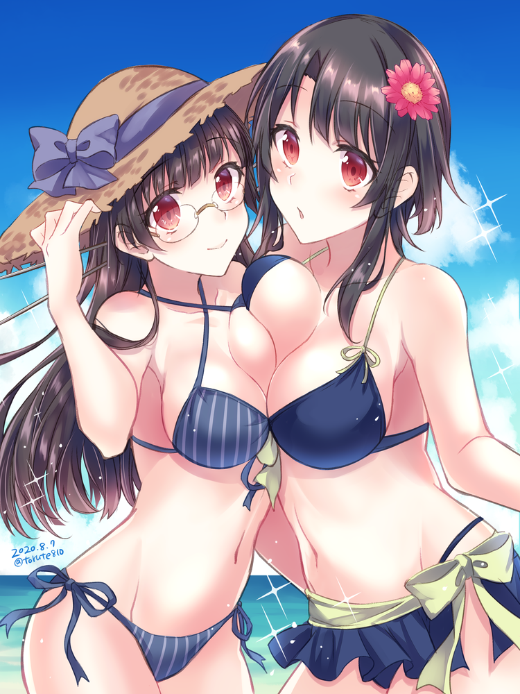 2girls, asymmetrical_docking, bikini, black_hair, blush, breast_press, breasts, choukai_(kancolle)