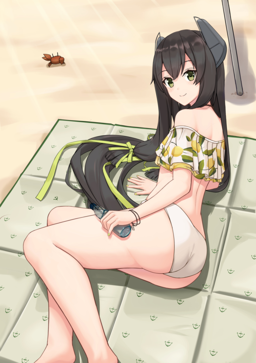 1girl, ass, bad_id, bad_pixiv_id, bikini, black_hair, bottle, commentary_request