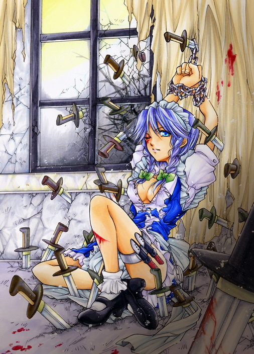 1girl, bad_id, bad_pixiv_id, blood, blue_eyes, bound, braid, breasts, chain, cleavage, female_focus, injury, izayoi_sakuya, kaze_tsuyu_tsuchi_ryuu, knife, mary_janes, shoes, short_hair, silver_hair, solo, tied_up, touhou, twin_braids, wince