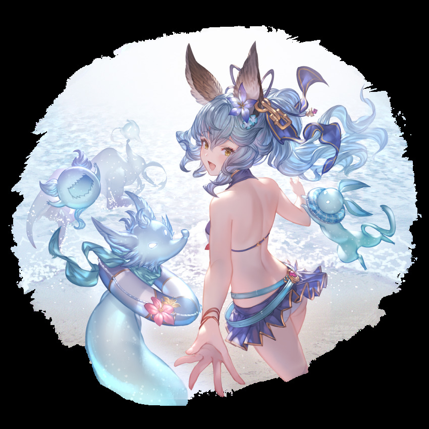 1girl, alpha_transparency, animal_ears, ass, beppo_(granblue_fantasy), bikini, bikini_skirt, blue_flower