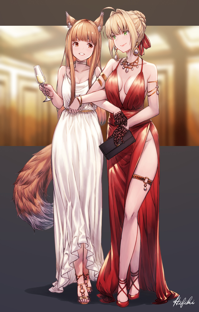 2girls, ahoge, alcohol, animal_ear_fluff, animal_ears, armlet, armpit_crease, backless_dress, backless_outfit, bag, bare_arms, bare_legs, bare_shoulders, belt, black_bag, black_gloves, blonde_hair, blunt_bangs, blurry, blurry_background, bow, bracelet, braid, braided_bun, breasts, breasts_apart, brown_eyes, brown_hair, champagne, champagne_flute, choker, cleavage, closed_mouth, collarbone, commentary, commission, cup, dress, drinking_glass, earrings, evening_gown, eyelashes, fate/extra, fate_(series), formal_clothes, full_body, gem, gloves, gown, green_eyes, grey_background, grin, groin, hair_bow, hair_bun, hair_intakes, half_gloves, halter_dress, halterneck, handbag, high_heels, holding, holding_bag, holo, ivris, jewelry, lace, lace_gloves, large_breasts, locked_arms, long_hair, looking_at_another, multiple_girls, necklace, nero_claudius_(fate), nero_claudius_(fate/extra), no_bra, o-ring_footwear, pearl_(gemstone), plunging_neckline, red_bow, red_dress, red_footwear, sandals, short_hair, side_slit, sidelocks, signature, single_hair_bun, sleeveless, sleeveless_dress, smile, spaghetti_strap, spice_and_wolf, standing, strappy_heels, tail, tareme, thighlet, toeless_footwear, white_dress, wife_and_wife, wolf_ears, wolf_girl, wolf_tail, yellow_sandals
