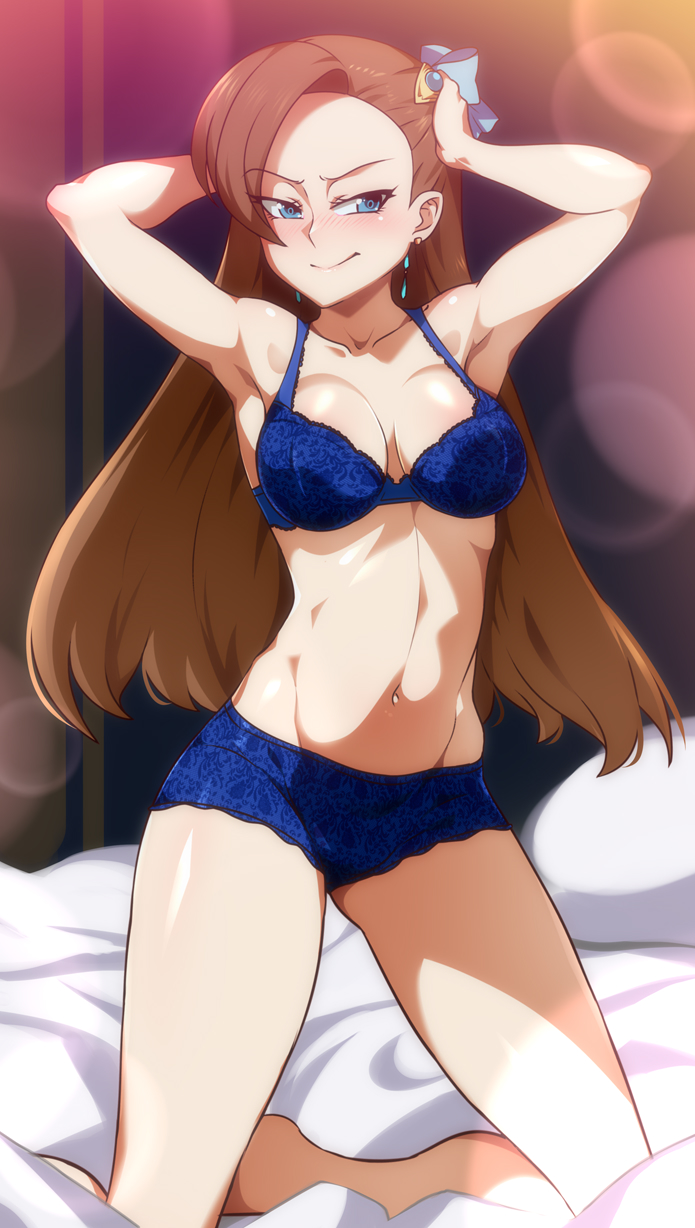 1girl, arms_up, artist_name, bare_legs, bare_shoulders, bed_sheet, blue_bra, blue_eyes, blue_panties, blush, bra, breasts, brooch, brown_hair, cola, commentary, earrings, female_focus, groin, highres, indoors, jcm2, jewelry, katarina_claes, kneeling, long_hair, looking_at_viewer, medium_breasts, navel, on_bed, otome_game_no_hametsu_flag_shika_nai_akuyaku_reijou_ni_tensei_shite_shimatta, panties, shiny_skin, smile, solo, stomach, swept_bangs, underwear, underwear_only