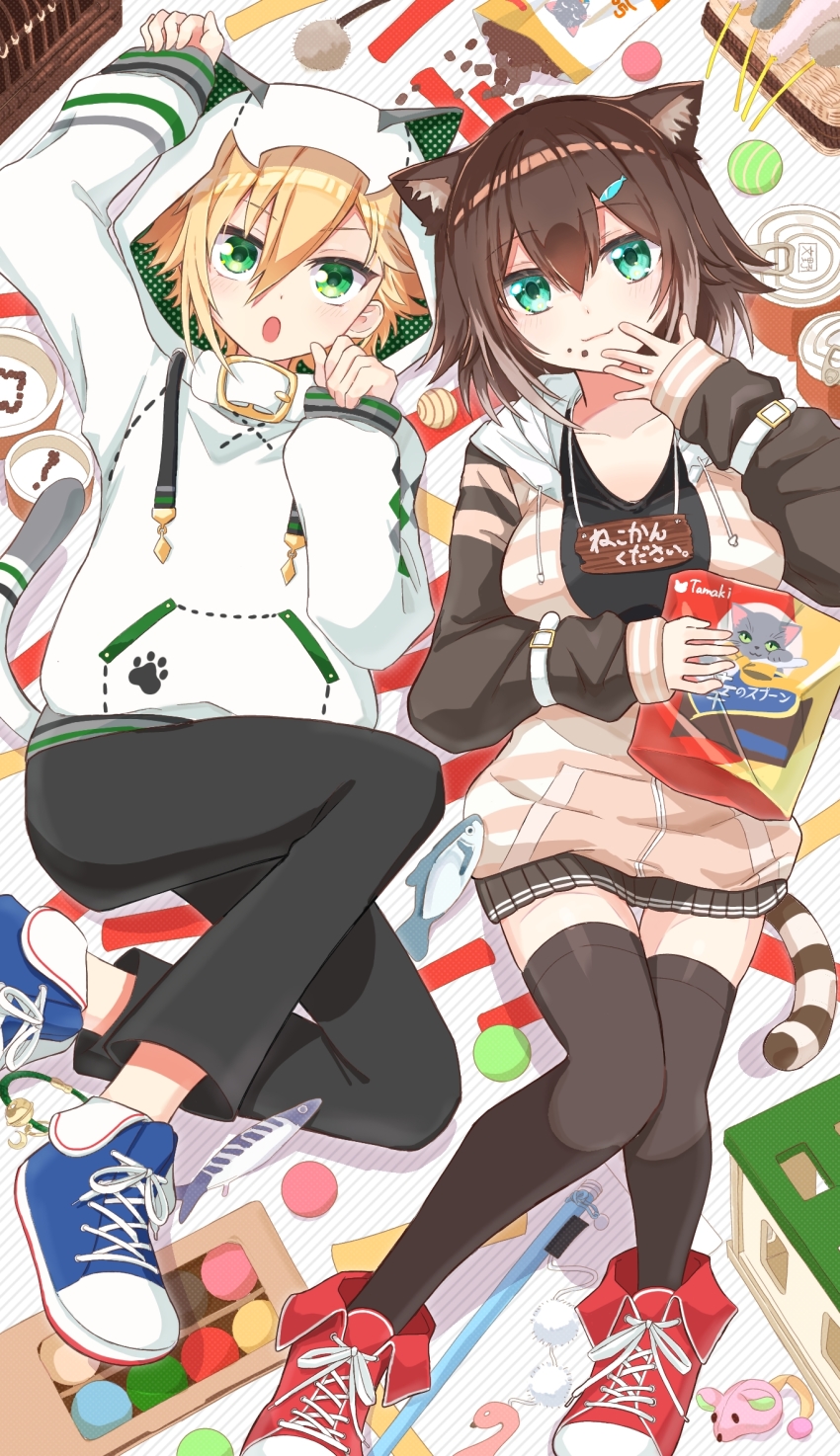 1boy, 1girl, :o, animal_ears, animal_hood, black_thighhighs, blonde_hair, can