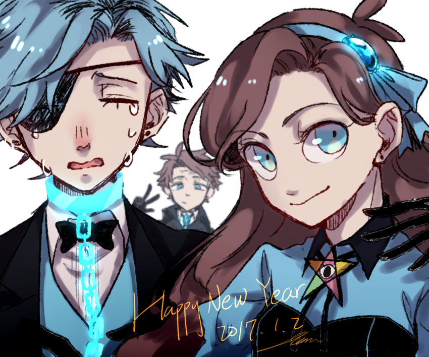 1girl, 2boys, ahan, aqua_eyes, ascot, bill_cipher, blue_hair, bow, bowtie, brooch, brother_and_sister, brown_hair, cape, chain, crying, dark_persona, dipper_gleeful, dipper_pines, eyepatch, facial_mark, forehead_mark, formal_clothes, gem, glowing_jewelry, gravity_falls, hair_ornament, hairband, jewelry, long_hair, mabel_gleeful, mabel_pines, multiple_boys, pentagram, personification, short_hair, siblings, swept_bangs, twins, vest, will_cipher