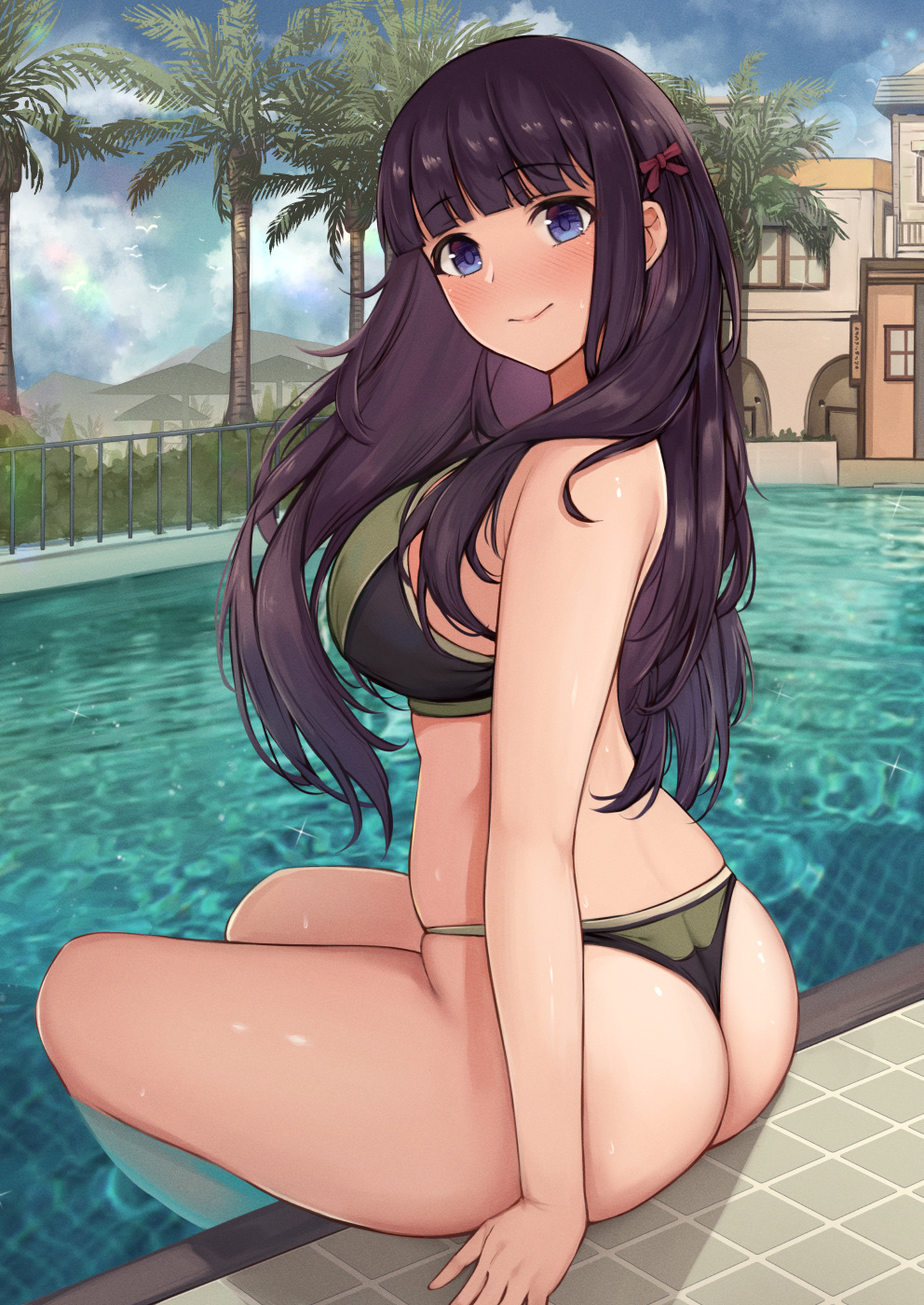 1girl, aged_up, ass, bikini, blue_eyes, blunt_bangs, blush, bow, breasts, commentary_request, from_side, green_bikini, hair_bow, highres, kannko_bokujou, kasumi_(princess_connect!), kasumi_(real)_(princess_connect!), large_breasts, long_hair, looking_at_viewer, outdoors, poolside, princess_connect!, purple_hair, sidelocks, smile, soaking_feet, solo, swimsuit, thong, thong_bikini, tile_floor, tiles