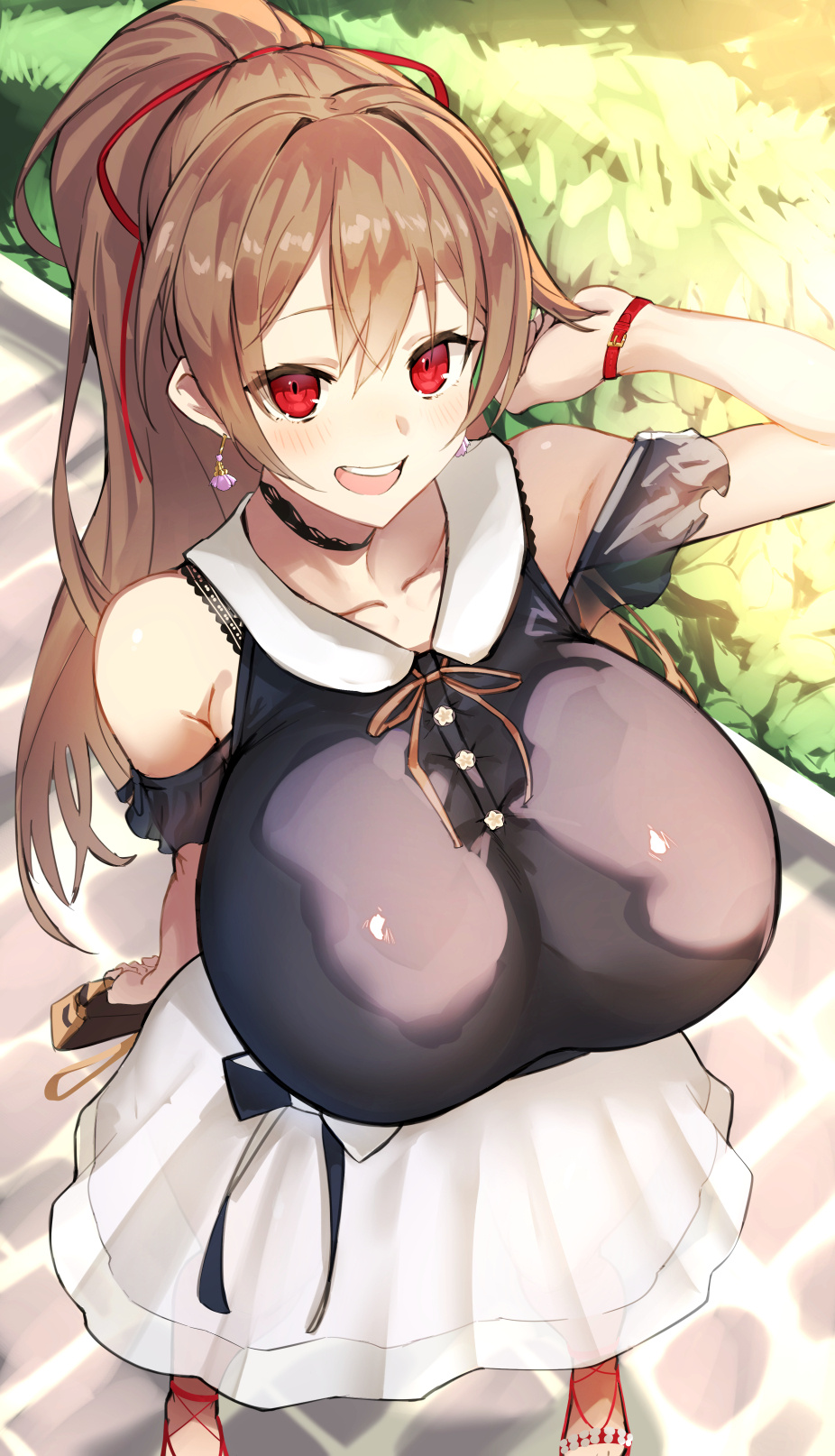 1girl, alternate_breast_size_(larger), alternate_costume, bad_id, bad_twitter_id, bag, bare_shoulders, black_choker