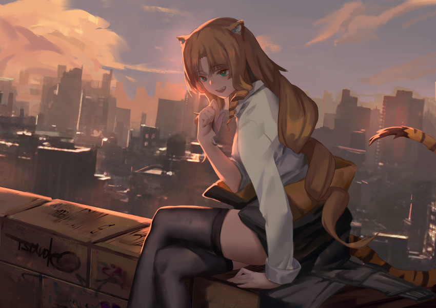 :d, absurdres, animal_ears, aqua_eyes, arknights, black_skirt, black_thighhighs, blonde_hair, building, chinese_commentary, city, collared_shirt, commentary_request, drill_hair, fang, graffiti, highres, long_hair, open_mouth, outdoors, playing_with_own_hair, shirt, sidelocks, sitting, skirt, skyscraper, sleeves_rolled_up, smile, solo, swire_(arknights), tail, thighhighs, tiger_ears, tiger_girl, tiger_tail, tsuioku_(908026270)