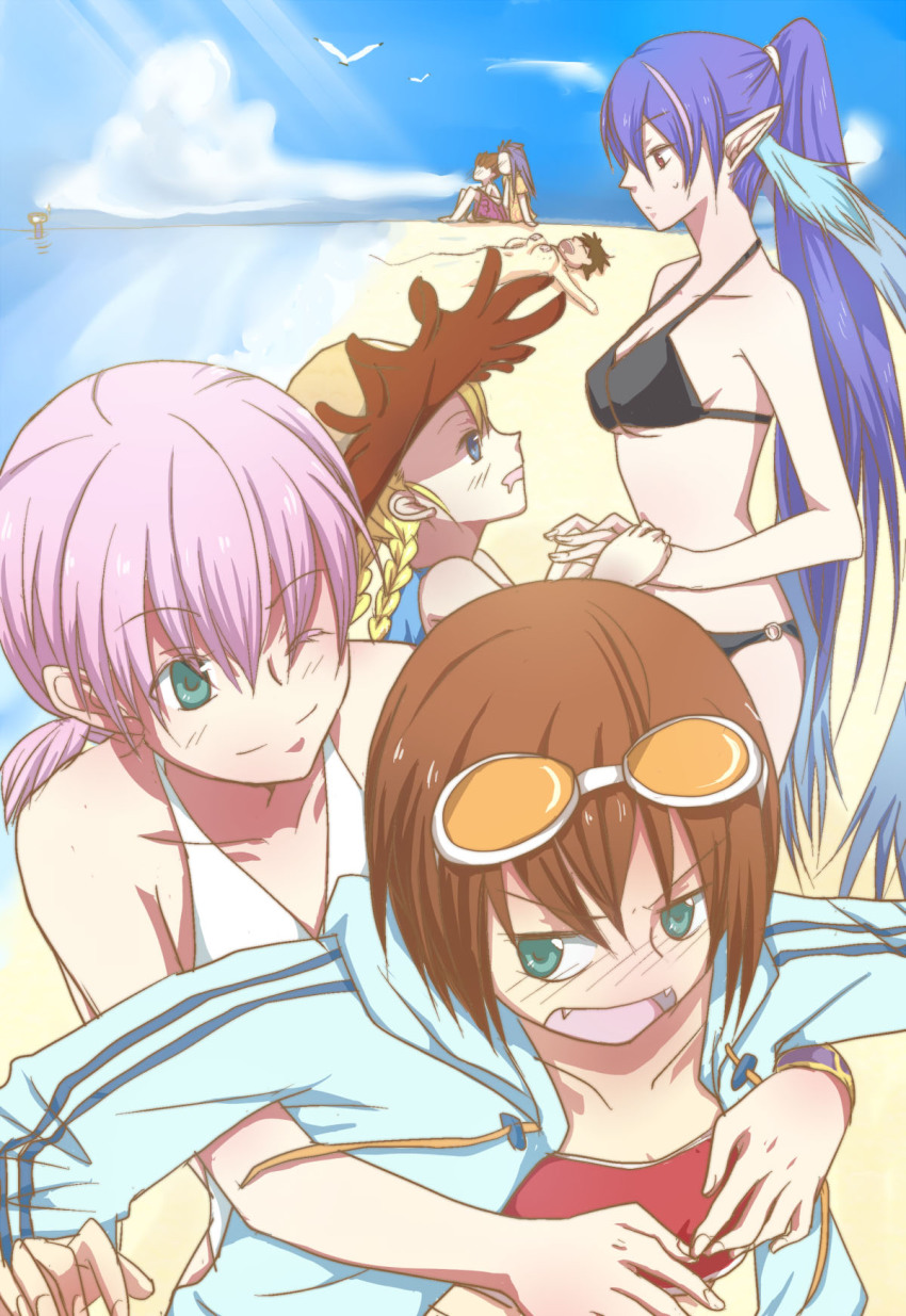 00s, 3boys, 4girls, bad_id, bad_pixiv_id, beach, bikini, day
