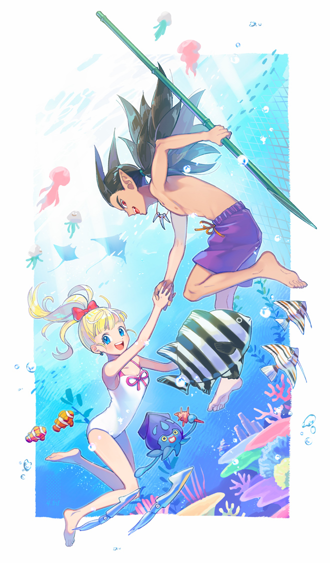 1boy, 1girl, 4_fnf, :d, alternate_hairstyle, angelfish, bamboo, barefoot