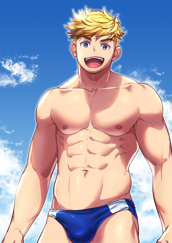 1boy, bara, blonde_hair, blue_male_swimwear, blue_swim_briefs, blush, bulge, gakki_(gaku_suru)