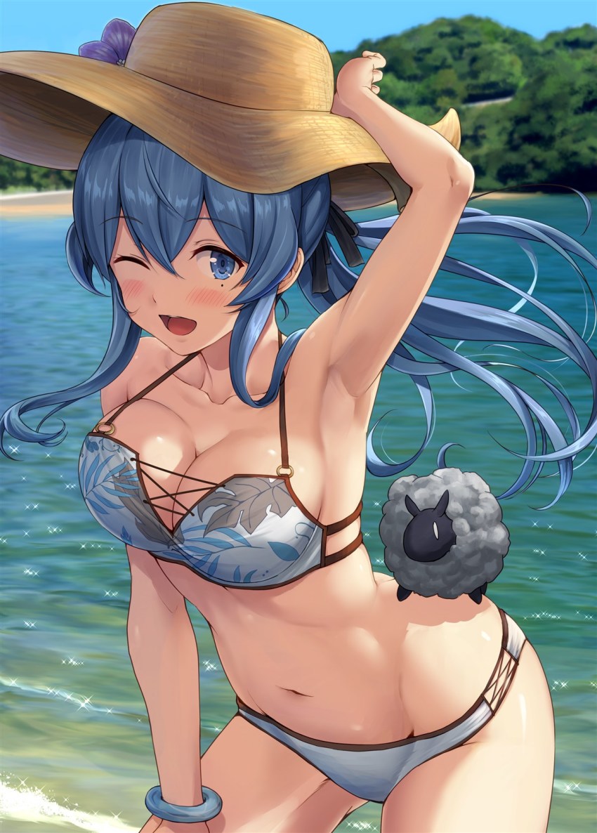 1girl, ;d, armpits, bangle, bikini, blue_bikini, blue_eyes, blue_hair, blush, bracelet, breasts, cleavage, collarbone, day, gotland_(kancolle), gotland_andra_(2020_swimsuit)_(kancolle), gotland_andra_(2020_swimsuit_mode)_(kancolle), gotland_andra_(kancolle), groin, hair_between_eyes, hat, highres, ichikawa_feesu, jewelry, kantai_collection, long_hair, looking_at_viewer, medium_breasts, mole, mole_under_eye, navel, one_eye_closed, open_mouth, outdoors, smile, solo, stomach, straw_hat, swimsuit, thighs