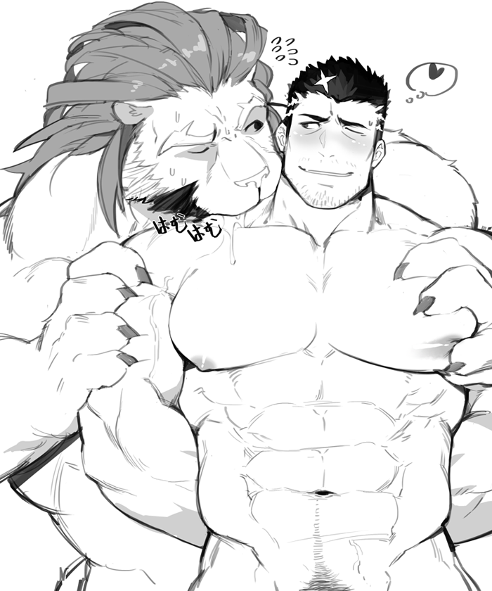 2boys, animal_ears, arsalan_(tokyo_houkago_summoners), bara, beard, biting, black_hair, blush, closed_mouth, couple, facial_hair, furry, furry_male, furry_with_non-furry, gomtang, greyscale, interspecies, large_pectorals, male_focus, manly, monochrome, multiple_boys, muscular, pectoral_grab, pectorals, stubble, tokyo_houkago_summoners, upper_body, yaoi, zabaniyya_(housamo)