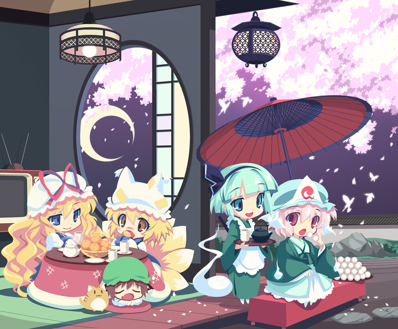 5girls, animal_hat, apron, black_hairband, black_ribbon, blonde_hair, blue_eyes, blue_headwear