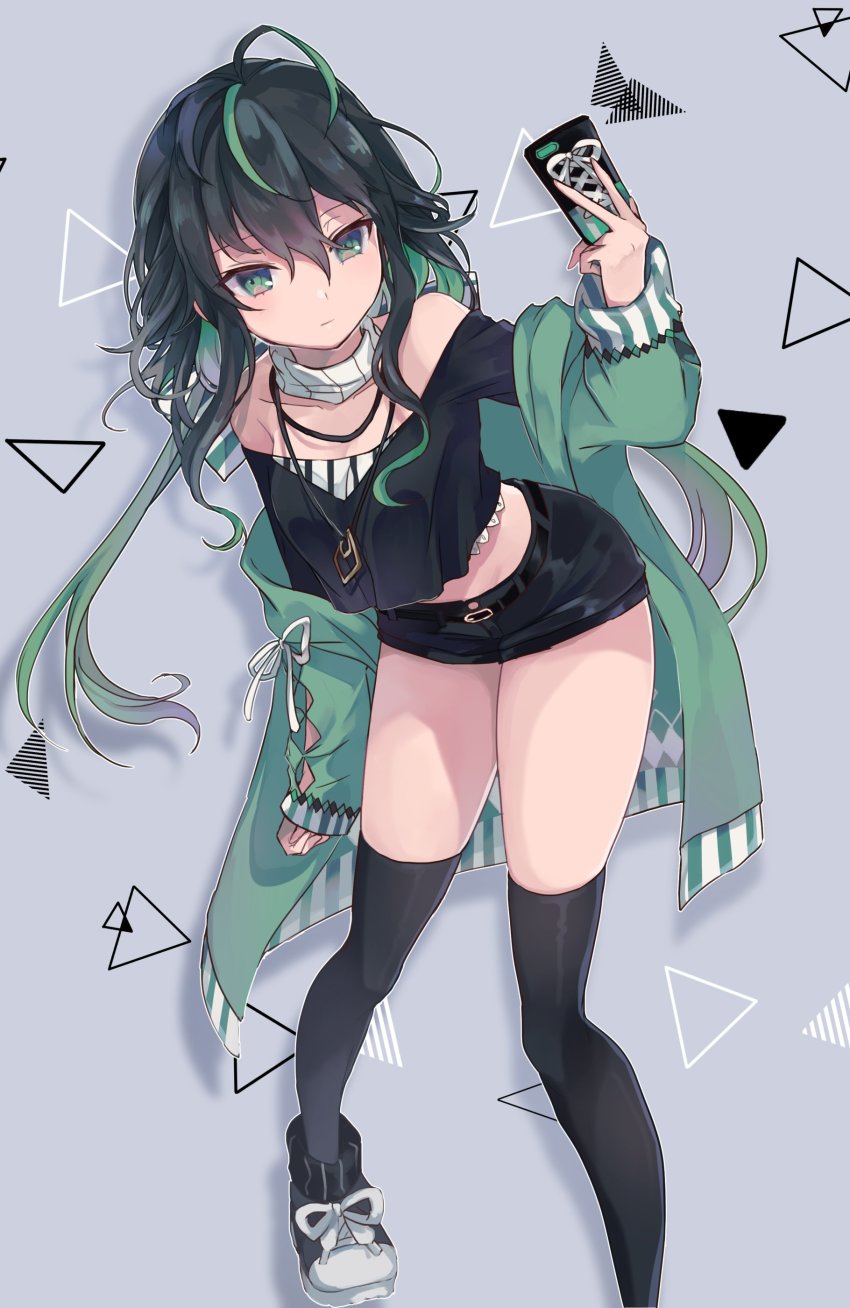 1girl, absurdres, bare_shoulders, black_hair, black_shorts, black_thighhighs, breasts, cellphone, green_eyes, green_hair, green_jacket, hair_between_eyes, highres, jacket, looking_at_viewer, medium_breasts, midriff, multicolored_hair, navel, nijisanji, nijisanji_kr, phone, rokubungiurana, shin_yuya, short_shorts, shorts, simple_background, small_breasts, solo, thighhighs, thighs, virtual_youtuber