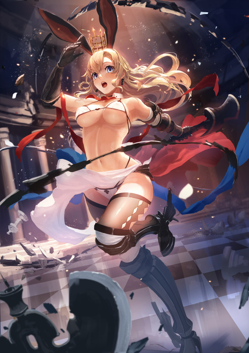 1girl, :o, absurdres, animal_ears, arm_up, armored_boots, bare_shoulders, bikini, blonde_hair, blue_eyes, blue_ribbon, boots, breasts, chess_piece, chessboard, cleavage, crown, debris, detached_collar, earrings, gauntlets, hair_between_eyes, high_heels, highres, holding, holding_weapon, indoors, jewelry, long_hair, navel, open_mouth, original, pillar, red_neckwear, red_ribbon, ribbon, sabiirodoramu, sarong, solo, stomach, swimsuit, thighhighs, thighs, tile_floor, tiles, underboob, weapon, white_bikini, white_sarong