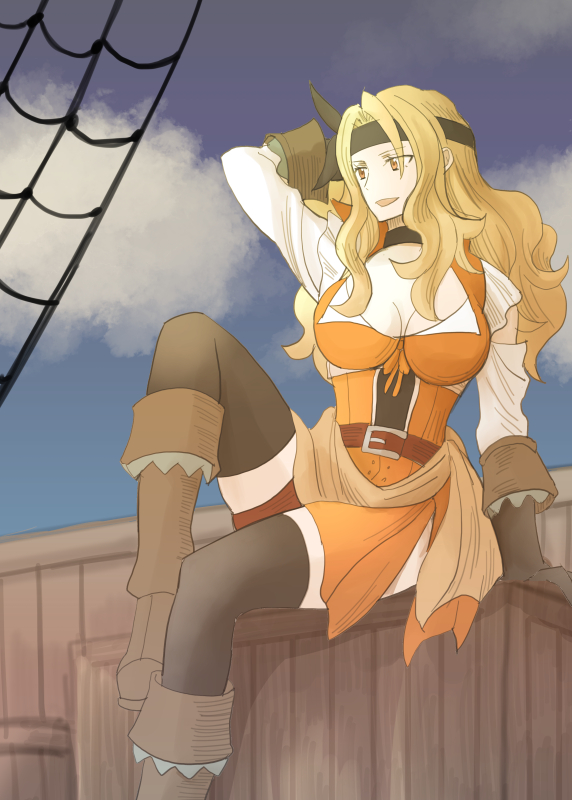 1girl, alternate_costume, arm_up, belt, belt_buckle, blonde_hair, boots, breasts