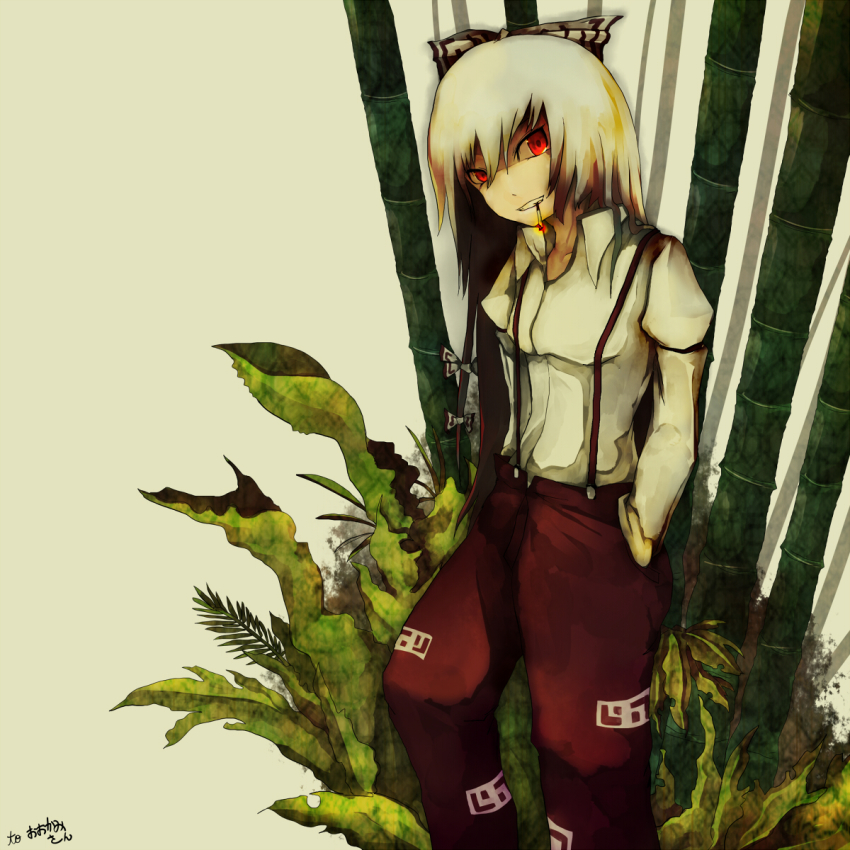 1girl, bad_id, bad_pixiv_id, cigarette, female_focus, fujiwara_no_mokou, highres, red_eyes