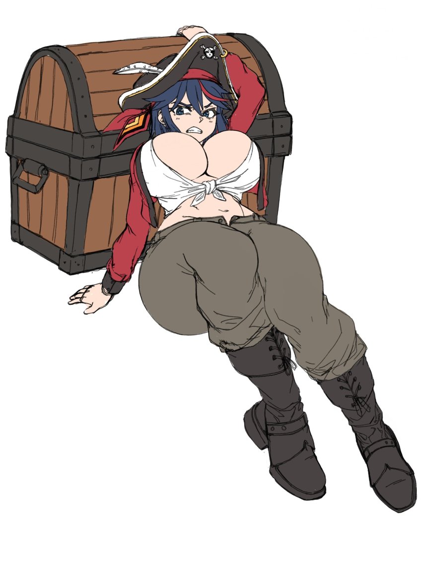 1girl, alternate_breast_size, alternate_costume, bandana, black_boots, blouse, boots, breasts, brown_pants, brups_tv, cleavage, feathers, hat, highres, jacket, jolly_roger, kill_la_kill, large_breasts, matoi_ryuuko, pants, pirate_costume, pirate_hat, red_jacket, senketsu, shirt, simple_background, skull, skull_and_crossbones, solo, thighs, tied_shirt, treasure_chest, white_background, white_feathers, white_shirt