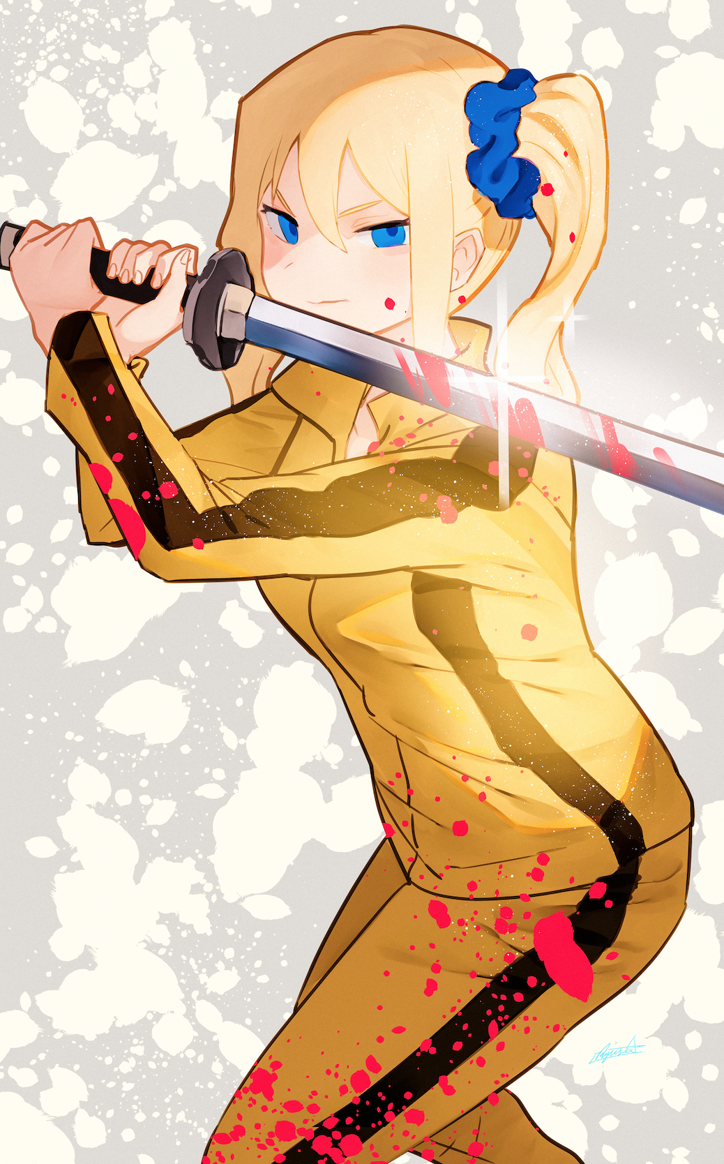 1girl, beatrix_kiddo, beatrix_kiddo_(cosplay), blonde_hair, blood, blue_eyes, breasts, cosplay