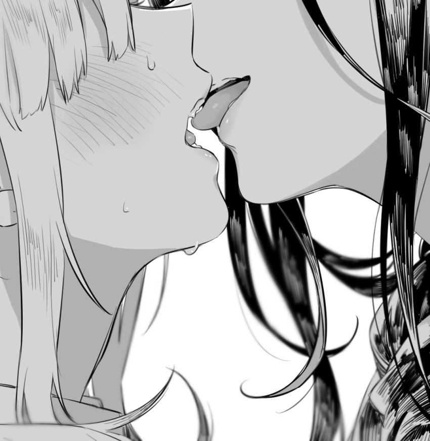 2girls, blush, close-up, covered_eyes, facing_another, french_kiss, greyscale, head_out_of_frame, kiss, long_hair, monochrome, multiple_girls, nijisanji, sharp_teeth, shirayuki_tomoe, shuu-0208, sidelocks, smile, sukoya_kana, sweat, teeth, very_long_hair, virtual_youtuber, yuri
