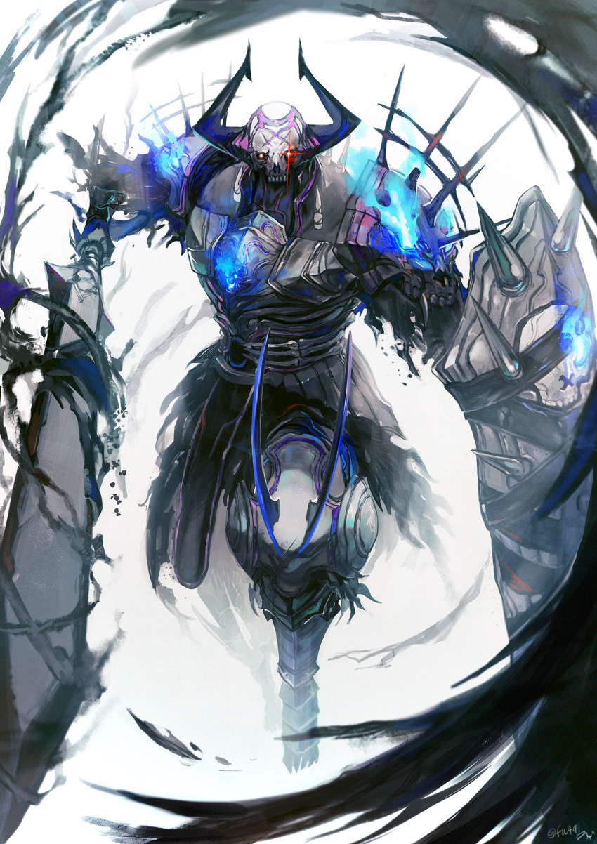 1boy, armor, azrael_(sword)_(fate), black_cloak, blue_fire, cloak, fake_horns, fate/grand_order, fate_(series), fire, full_body, glowing, glowing_eyes, highres, horned_headwear, horns, king_hassan_(fate), looking_at_viewer, makitoyuito, male_focus, mask, shield, skull, skull_mask, solo, spikes, weapon