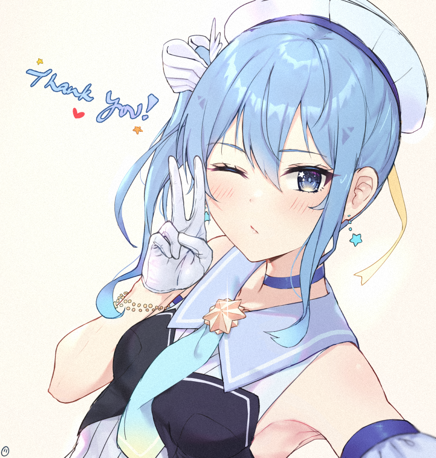 1girl, ;t, ahoge, armband, armpit_peek, beret, between_breasts, blue_choker, blue_eyes, blue_hair, blue_sailor_collar, blush, bracelet, breasts, choker, closed_mouth, collarbone, commentary, dutch_angle, earrings, english_commentary, envyvanity, eyelashes, gloves, hair_between_eyes, hair_ornament, half_gloves, hand_up, hat, hololive, hoshimachi_suisei, hoshimachi_suisei_(old_design), jewelry, looking_at_viewer, medium_hair, necktie, one_eye_closed, one_side_up, outstretched_arm, reaching, reaching_towards_viewer, sailor_collar, selfie, shirt, sidelocks, signature, simple_background, sleeveless, small_breasts, solo, star_(symbol), star_earrings, striped_clothes, striped_shirt, taking_picture, thank_you, v, vertical-striped_clothes, vertical-striped_shirt, virtual_youtuber, white_armband, white_background, white_gloves, white_hat, white_shirt