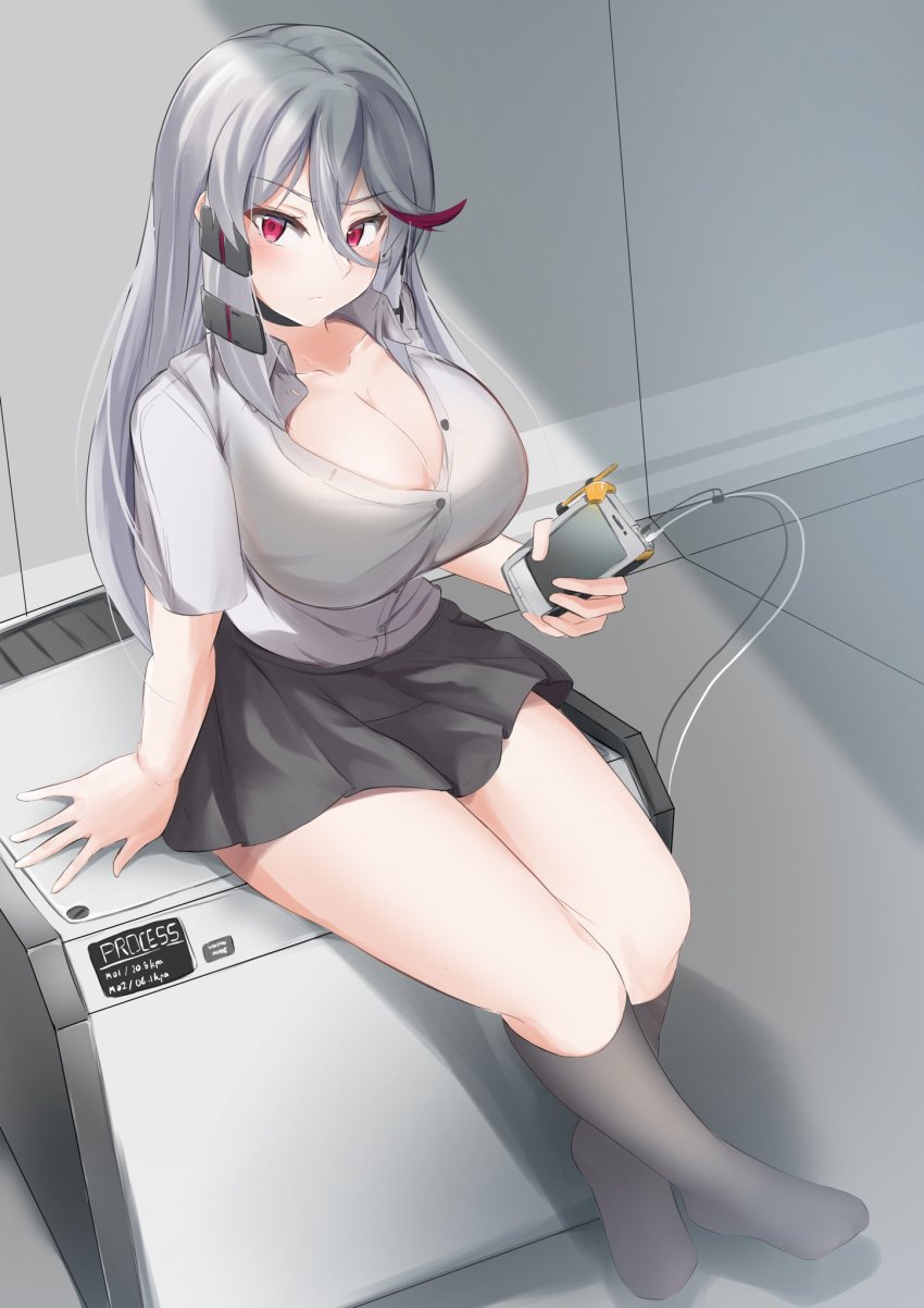 1girl, breasts, cleavage, closed_mouth, controller, from_above, grey_background, grey_hair