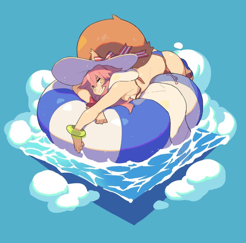 1girl, absurdres, animal_ear_fluff, animal_ears, ass, bare_shoulders, bikini, blue_bikini, blush, bracelet, breasts, ears_through_headwear, fate/grand_order, fate_(series), fox_ears, fox_girl, fox_tail, grin, hair_between_eyes, hat, highres, innertube, jewelry, large_breasts, long_hair, looking_at_viewer, lying, on_stomach, oraingen, pink_hair, smile, sun_hat, swim_ring, swimsuit, tail, tamamo_no_mae_(fate), tamamo_no_mae_(swimsuit_lancer)_(fate), tamamo_no_mae_(swimsuit_lancer)_(third_ascension)_(fate), thighs, water, yellow_eyes