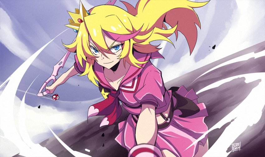 1girl, bad_id, bad_twitter_id, blonde_hair, blue_eyes, cosplay, crown, gloves